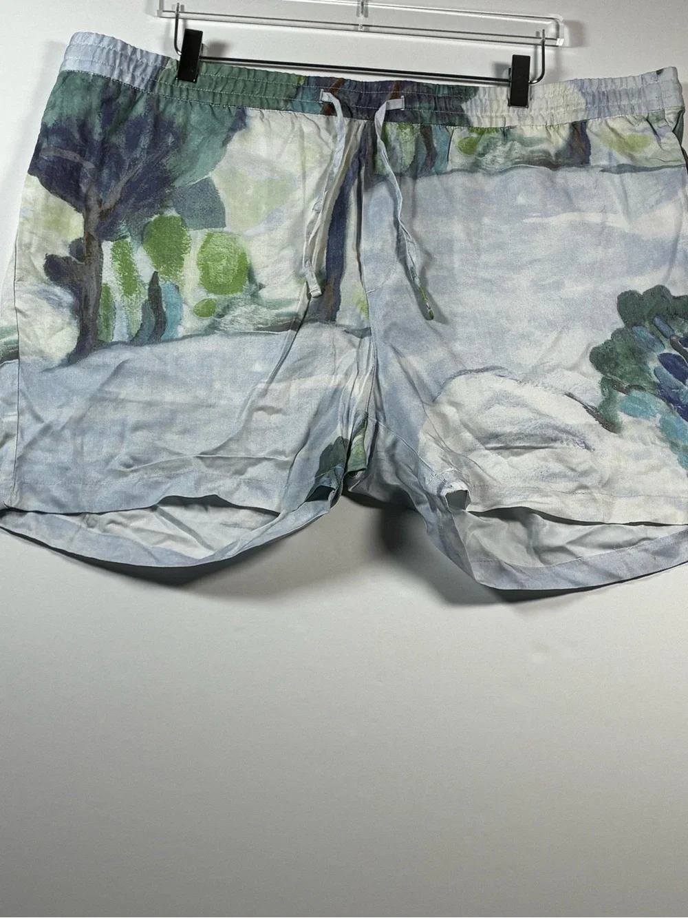 H&M Men’s Watercolor Printed Drawstring Shorts in Light Blue and Green NWT